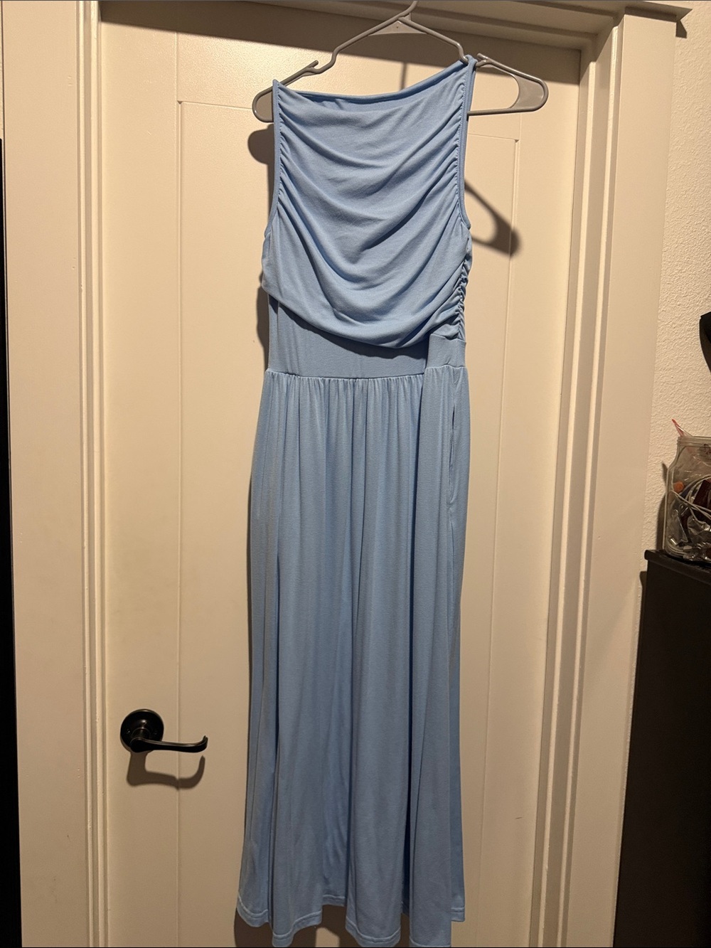 Sleeveless Light Blue Maxi Dress with Draped Bodice
